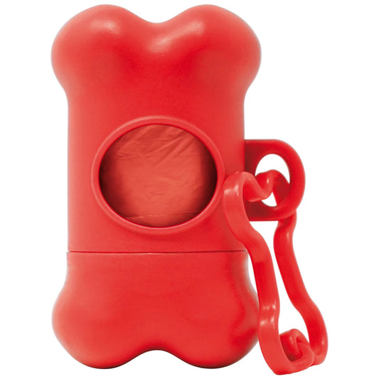 Dispensador rojo con mosquetón y 15 bolsas sanitarias para recoger excrementos de mascotas