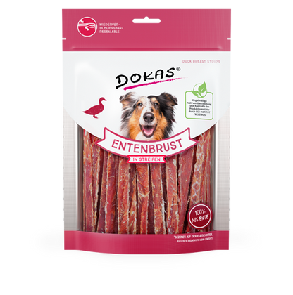 Snack DOKAS tiras de pechuga de pato natural para perros adultos, bajo en grasa