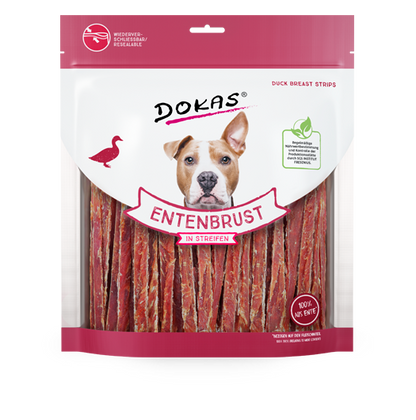 Snack DOKAS tiras de pechuga de pato natural para perros adultos, bajo en grasa