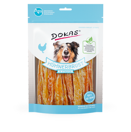 Snack DOKAS tiras de pechuga de pollo natural y bajo en grasa para perros adultos 70 g