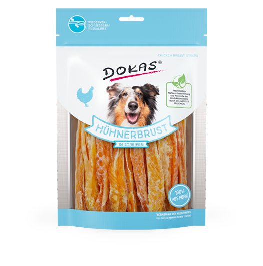 Snack DOKAS tiras de pechuga de pollo natural y bajo en grasa para perros adultos 70 g
