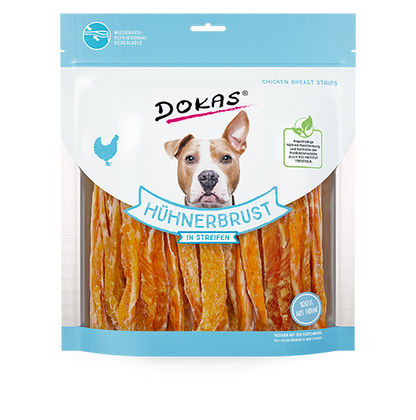 Snack DOKAS tiras de pechuga de pollo natural y bajo en grasa para perros adultos 70 g