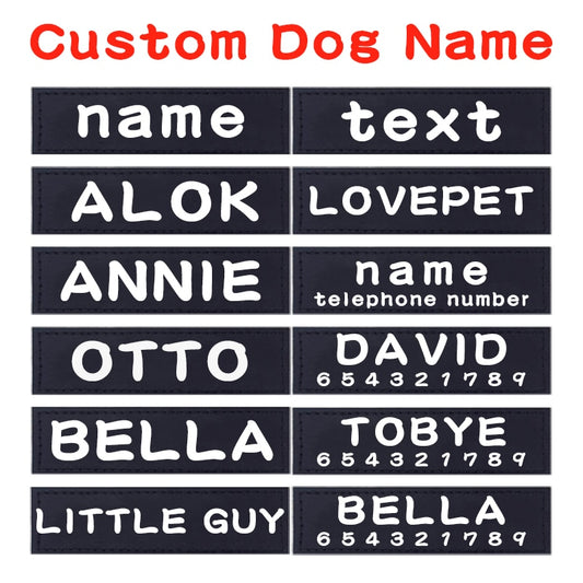Etiqueta personalizada para arnés de perro tipo K9 con velcro negro y letras blancas