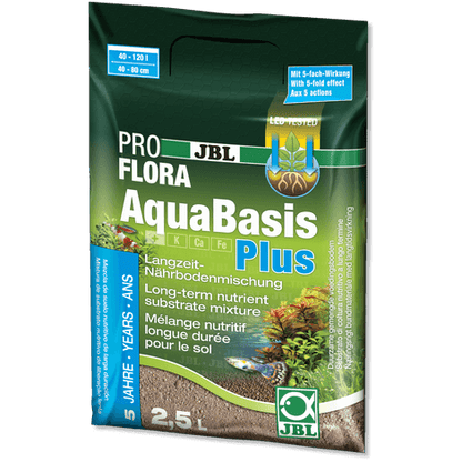 Envase de JBL AquaBasis Plus, sustrato nutritivo para acuarios de agua dulce con plantas.