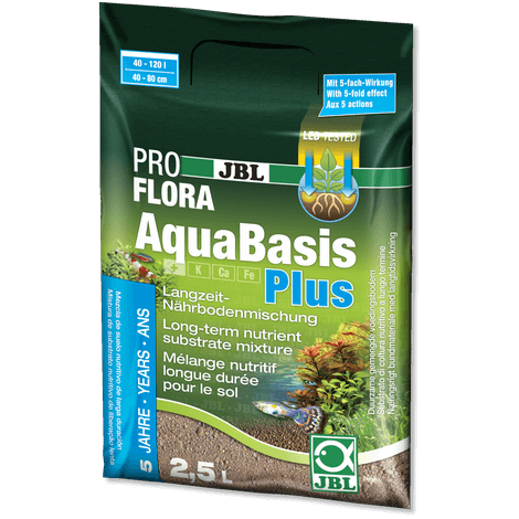Envase de JBL AquaBasis Plus, sustrato nutritivo para acuarios de agua dulce con plantas.