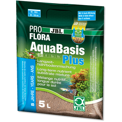 Envase de JBL AquaBasis Plus, sustrato nutritivo para acuarios de agua dulce con plantas.