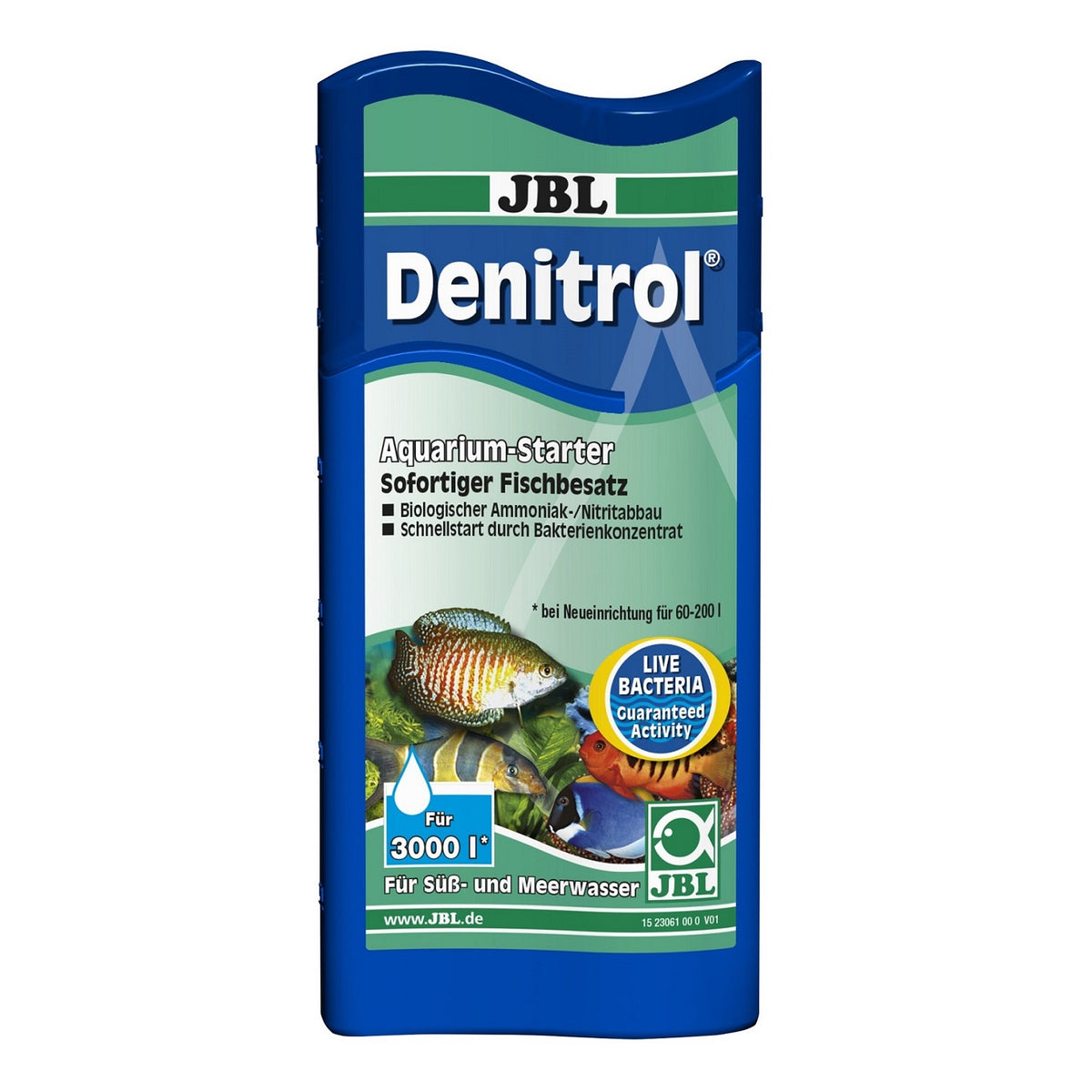 Envase de JBL Denitrol, activador biológico para acuarios de agua dulce y salada.