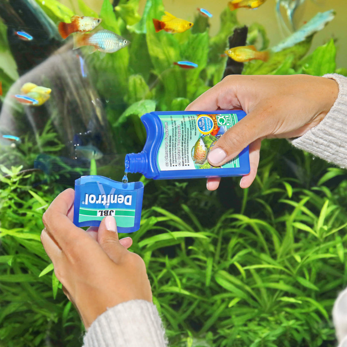 Envase de JBL Denitrol, activador biológico para acuarios de agua dulce y salada.