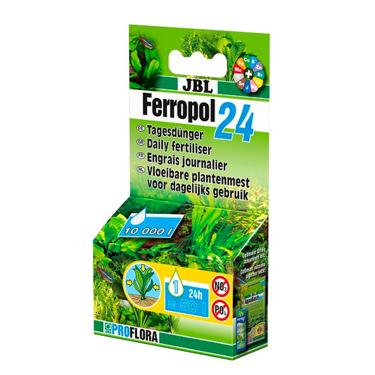 Envase de JBL Ferropol 24 de 10 ml, fertilizante diario para plantas de acuario de agua dulce.