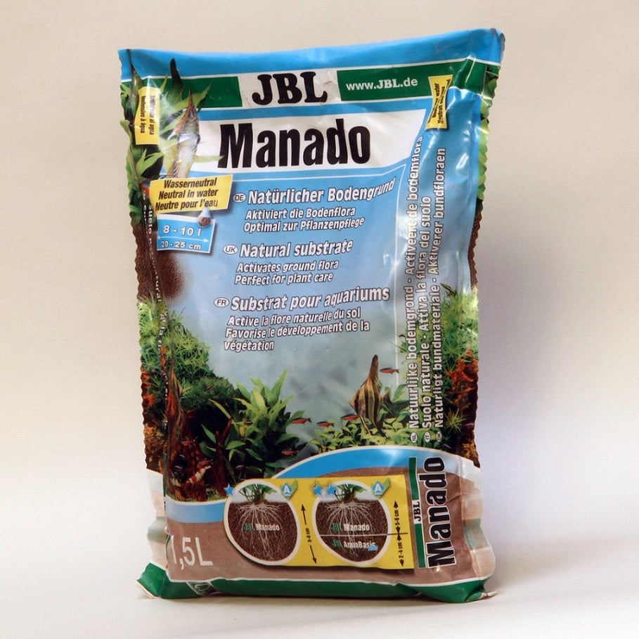 Envase de sustrato JBL Manado para acuarios de agua dulce con plantas acuáticas.