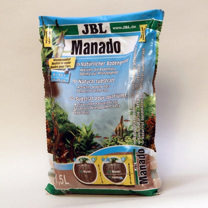 Envase de sustrato JBL Manado para acuarios de agua dulce con plantas acuáticas.