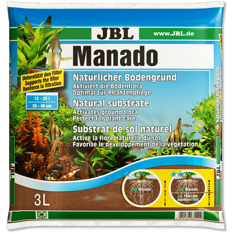 Envase de sustrato JBL Manado para acuarios de agua dulce con plantas acuáticas.