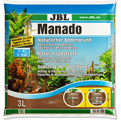 Envase de sustrato JBL Manado para acuarios de agua dulce con plantas acuáticas.