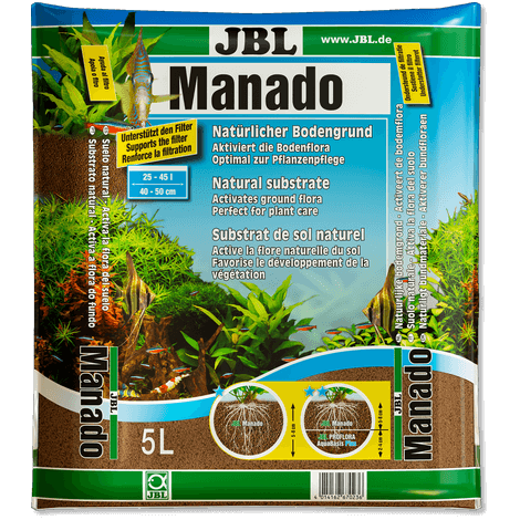 Envase de sustrato JBL Manado para acuarios de agua dulce con plantas acuáticas.