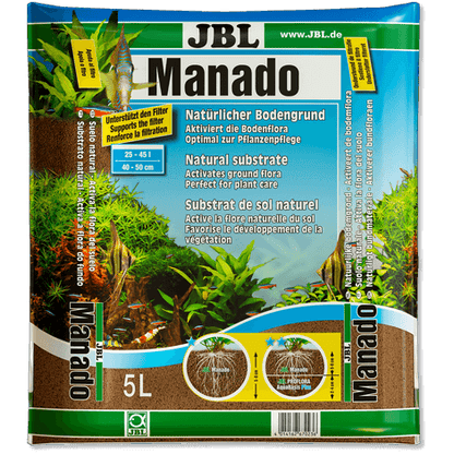 Envase de sustrato JBL Manado para acuarios de agua dulce con plantas acuáticas.