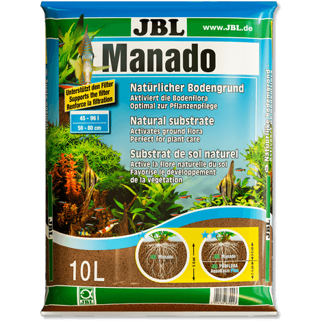 Envase de sustrato JBL Manado para acuarios de agua dulce con plantas acuáticas.