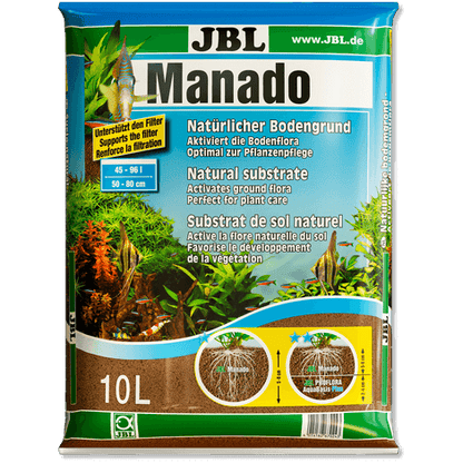 Envase de sustrato JBL Manado para acuarios de agua dulce con plantas acuáticas.