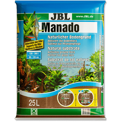 Envase de sustrato JBL Manado para acuarios de agua dulce con plantas acuáticas.