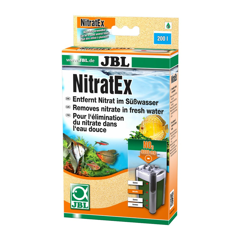 Envase de JBL NitratEx de 250 ml, material filtrante para reducir nitratos en acuarios de agua dulce.