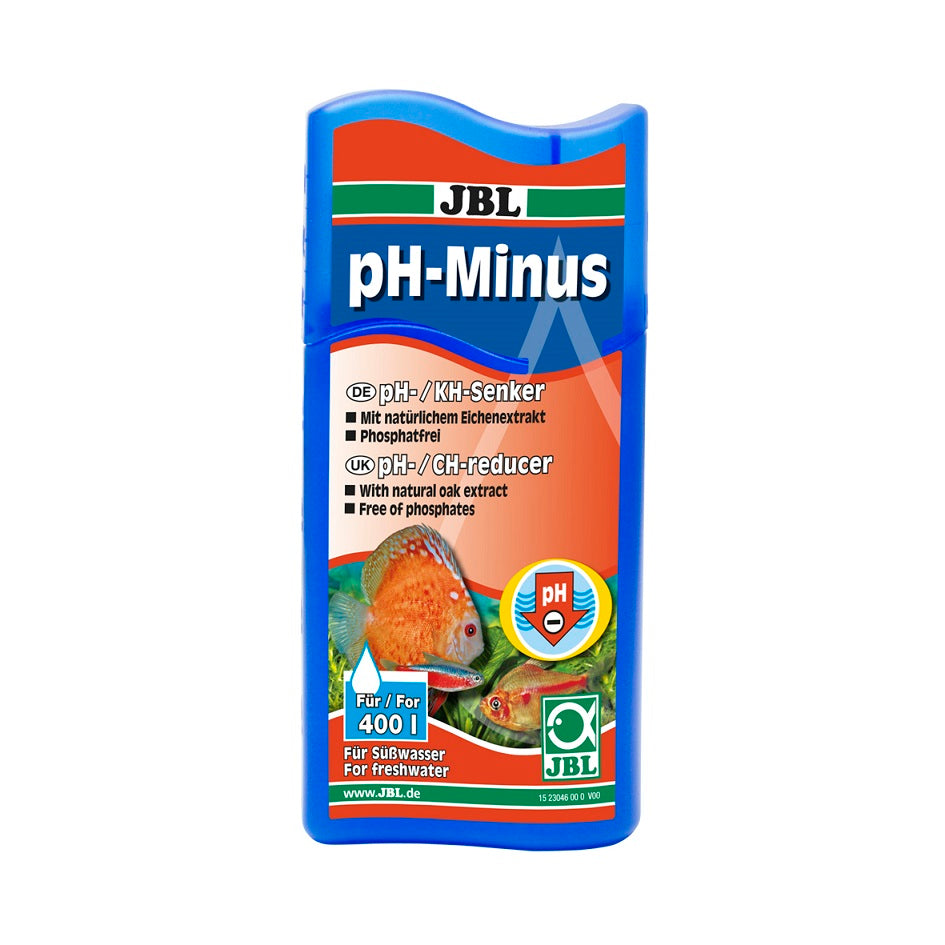 Envase de JBL pH-Minus, reductor de pH y KH para acuarios de agua dulce.