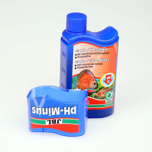 Envase de JBL pH-Minus, reductor de pH y KH para acuarios de agua dulce.