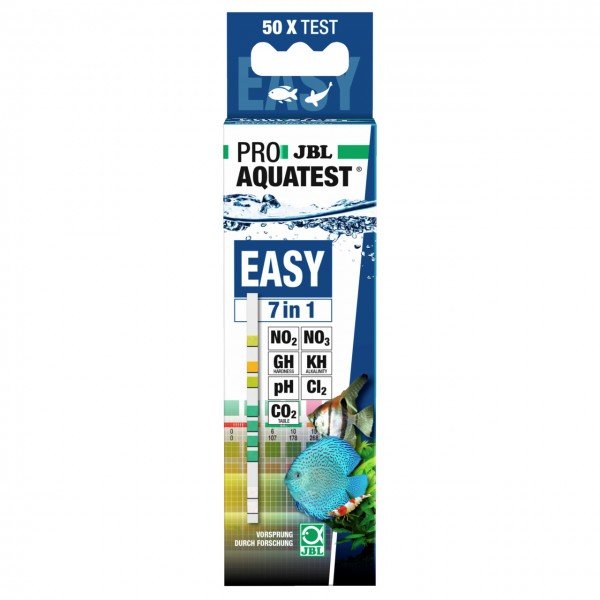 Envase de JBL ProAquaTest Easy 7 en 1 con 50 tiras para analizar el agua de acuarios y estanques.