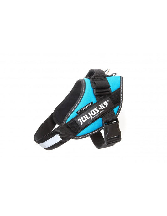 Arnés JULIUS K9 IDC Powerharness color aguamarina, reflectante y ergonómico para perros