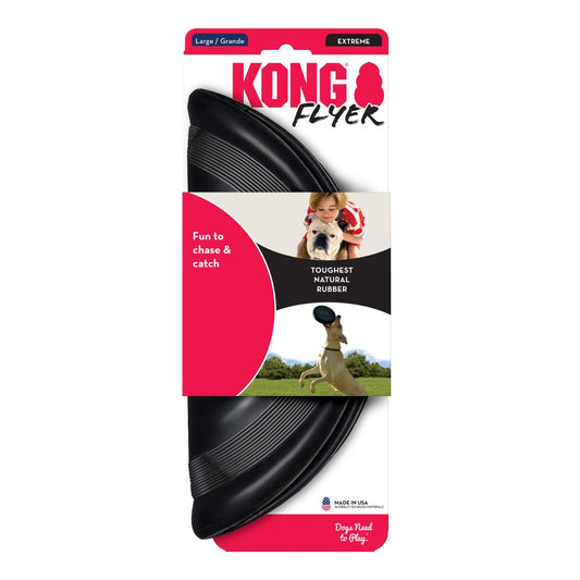 KONG Flyer Extreme frisbee negro resistente para perros con mordidas fuertes, seguro para dientes y encías