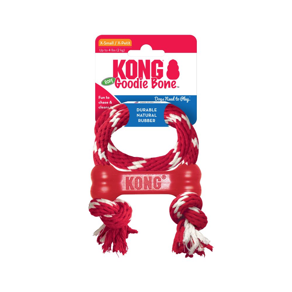 Juguete KONG Goodie Bone XS con cuerda de algodón para perros pequeños