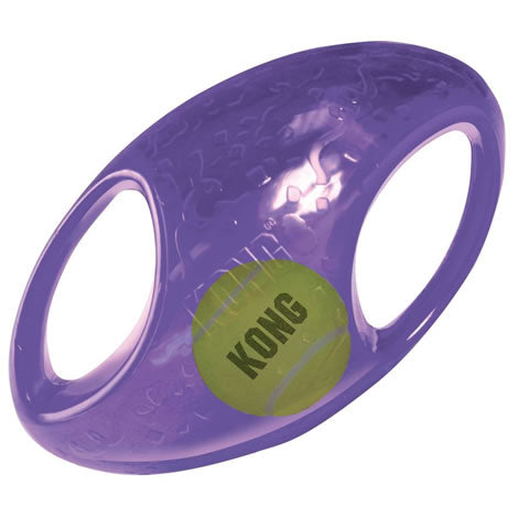 KONG Jumbler Football morado para perros medianos y grandes, juguete resistente con chirrido y asas para juego interactivo, disponible en Gabo y Gordo E Shop.