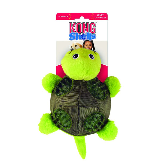 KONG Shells Tortuga, juguete interactivo para perros con caparazón resistente y barriga chirriante, disponible en Gabo y Gordo E Shop.
