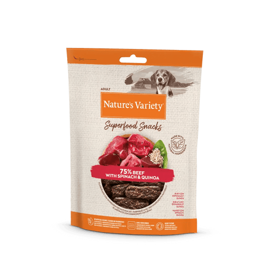 NATURE'S VARIETY SUPERFOOD SNACKS BUEY CON ESPINACAS Y QUINOA.  Gabo y Gordo Pet Shop en Las Palmas de Gran Canaria tienda para mascotas, perros, gatos, conejos, tortugas, animales, accesorios para mascotas.