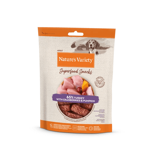 NATURE'S VARIETY SUPERFOOD SNACKS PAVO, ARÁNDANOS ROJOS Y CALABAZA 85 g.  Gabo y Gordo Pet Shop en Las Palmas de Gran Canaria tienda para mascotas, perros, gatos, conejos, tortugas, animales, accesorios para mascotas.