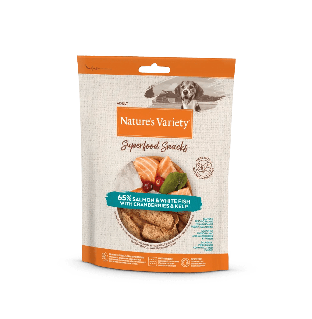 NATURE'S VARIETY SUPERFOOD SNACKS SALMÓN & PESCADO BLANCO 85 g.  Gabo y Gordo Pet Shop en Las Palmas de Gran Canaria tienda para mascotas, perros, gatos, conejos, tortugas, animales, accesorios para mascotas.