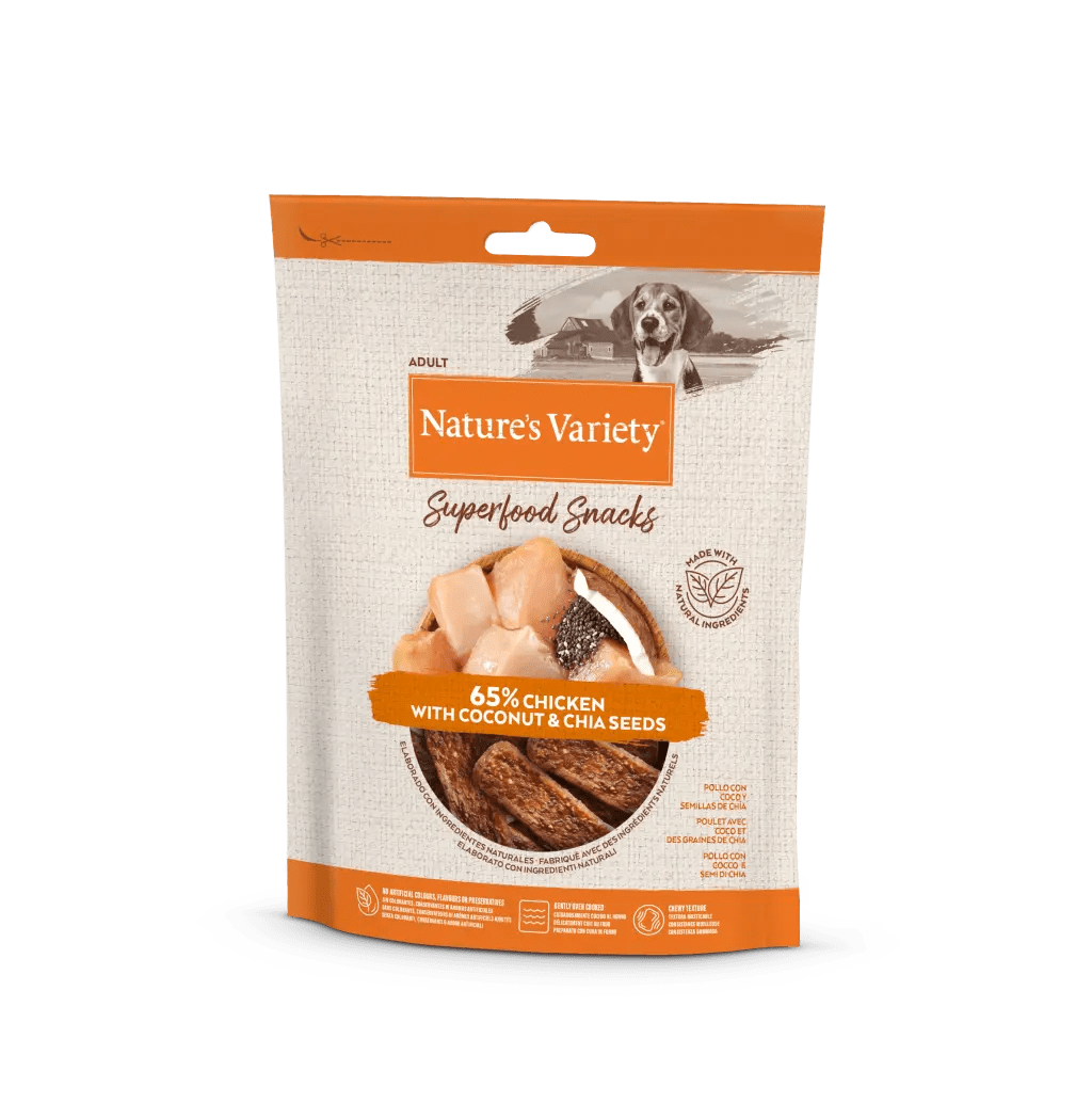 NATURE'S VARIETY SUPERFOOD SNACKS POLLO COCO Y SEMILLAS DE CHIA 85 g.  Gabo y Gordo Pet Shop en Las Palmas de Gran Canaria tienda para mascotas, perros, gatos, conejos, tortugas, animales, accesorios para mascotas.