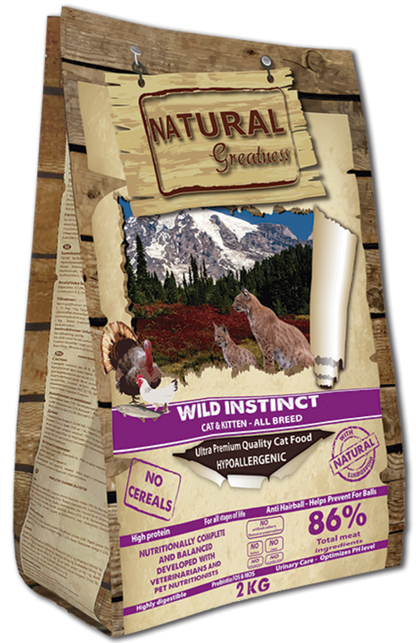 Pienso Natural Greatness Wild Instinct sin cereales para gatitos y gatos adultos