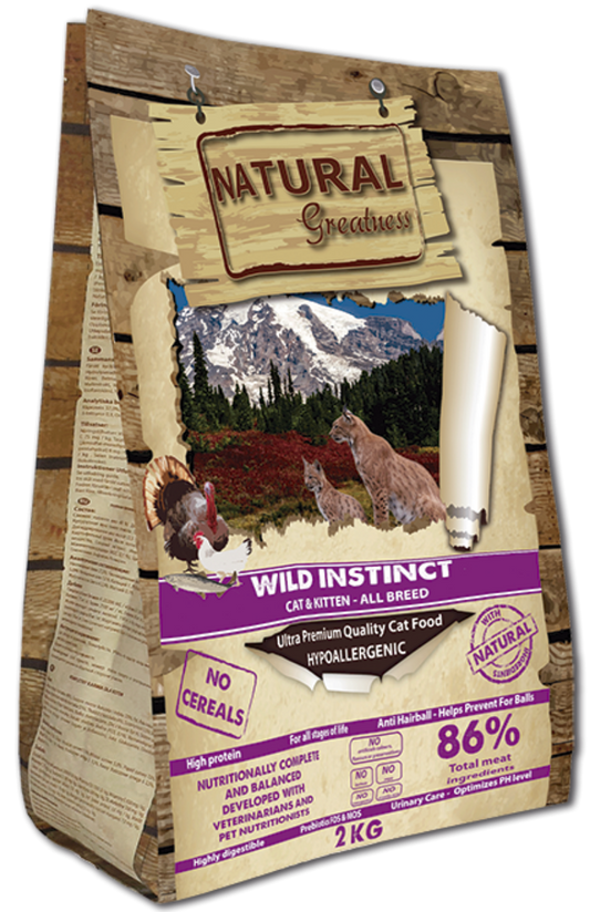 Pienso Natural Greatness Wild Instinct sin cereales para gatitos y gatos adultos