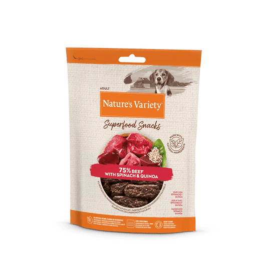 Snack natural para perro adulto con buey, espinaca y quinoa. Barritas cocidas al horno, bajas en calorías, sin conservantes ni colorantes.