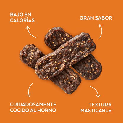 Snack natural para perro adulto con buey, espinaca y quinoa. Barritas cocidas al horno, bajas en calorías, sin conservantes ni colorantes.