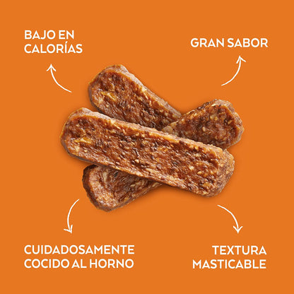 Snack natural para perro adulto con pollo, coco y semillas de chía. Barritas masticables cocidas al horno con ingredientes naturales y superfoods.