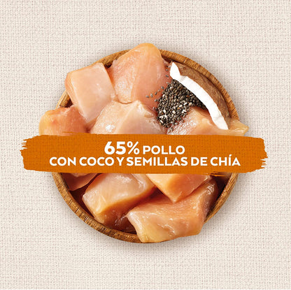 Snack natural para perro adulto con pollo, coco y semillas de chía. Barritas masticables cocidas al horno con ingredientes naturales y superfoods.