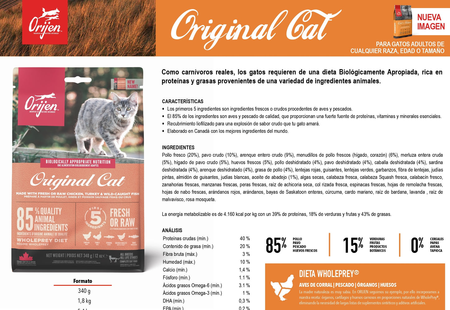 Pienso ORIJEN Original Cat natural sin cereales para gatos adultos