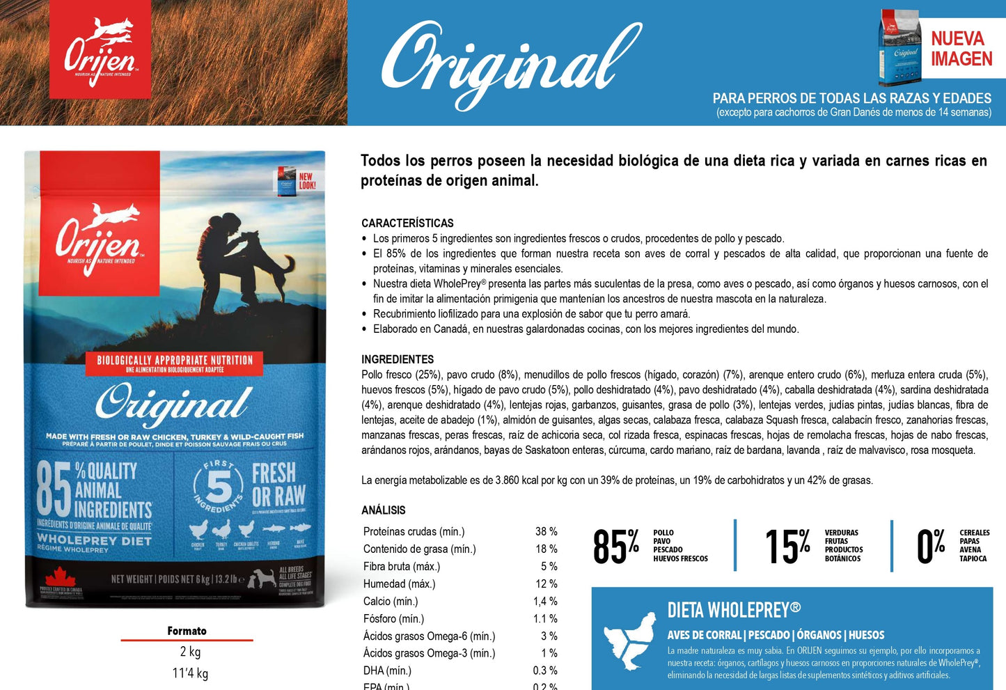Pienso natural ORIJEN Original Dog para perros adultos de todas las razas y tamaños sin cereales