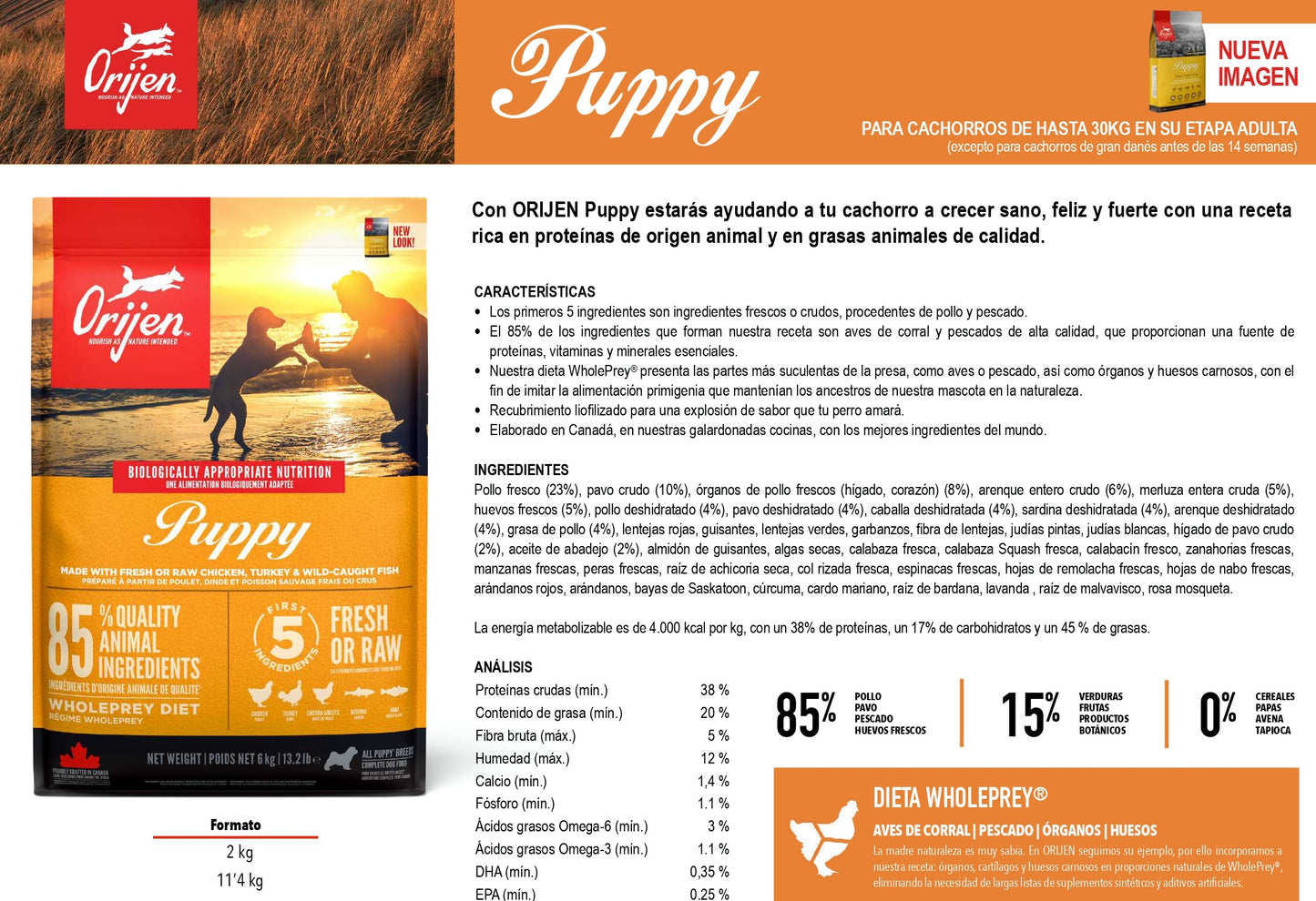 Pienso ORIJEN Puppy natural sin cereales para cachorros de todas las razas