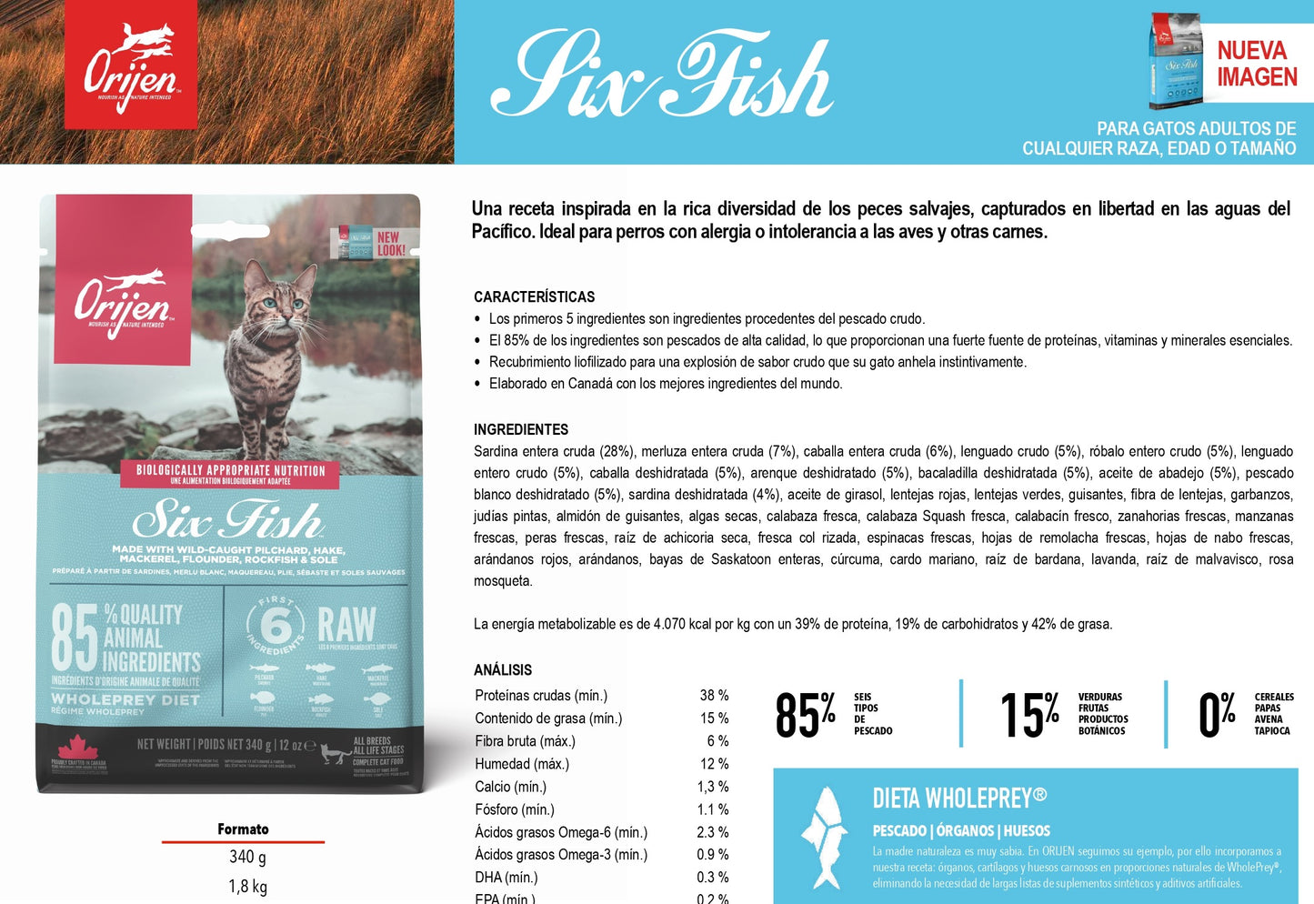 Pienso ORIJEN Six Fish Cat natural sin cereales con 6 pescados frescos