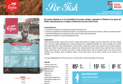 Pienso ORIJEN Six Fish Cat natural sin cereales con 6 pescados frescos