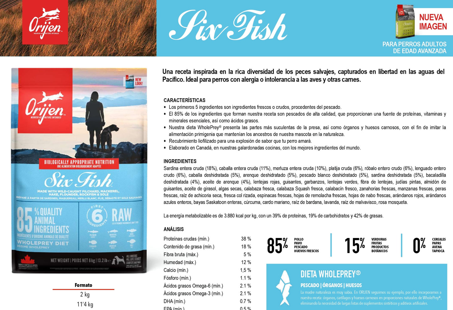 Pienso natural ORIJEN Six Fish para perros adultos con sensibilidad digestiva y sin cereales