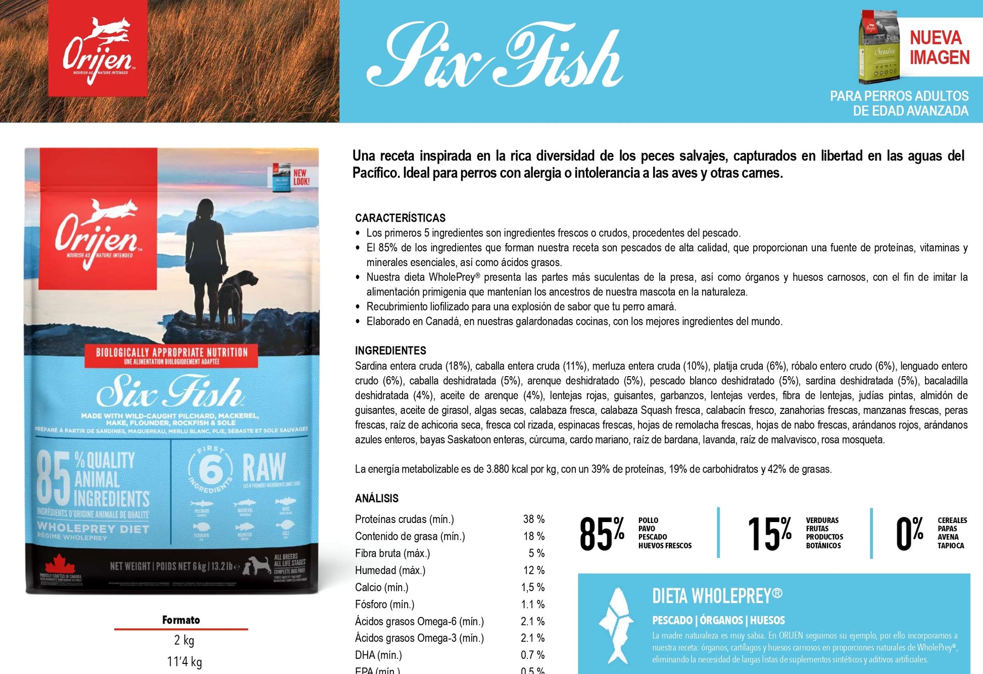 Pienso natural ORIJEN Six Fish para perros adultos con sensibilidad digestiva y sin cereales