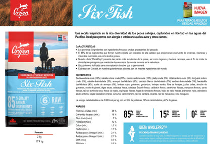 Pienso natural ORIJEN Six Fish para perros adultos con sensibilidad digestiva y sin cereales