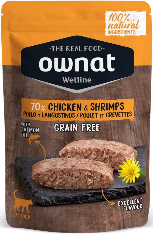 Ownat Wetline Cat – Comida húmeda sin cereales con pollo y langostinos